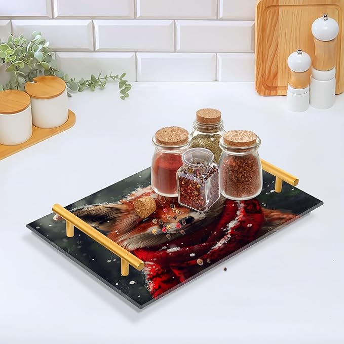 CEBUGI Animal Acrylic Decorative Coffee Table Tray Ottoman Tray with Anti Slip Pad Serving Tray with Gold Handles for Bathroom Living Room,7.87 x 11.81in