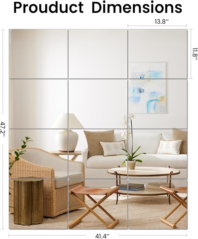 Full Length Wall Mirrors, Home Gym Mirror for Gym, 12Pcs 14"x 12" Glass Mirror Tiles, Self Adhesive HD Glass Full Body Wall Mirrors for Wall Decor, Bedroom, Living Room, Over The Door