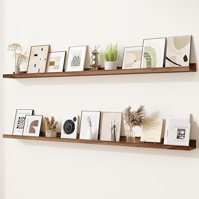 Heimlove Picture Ledge Shelf,56 inch Long Floating Shelves for Wall Set of 2,Picture Shelf with Lip for Wall Decor,Living Room,Bedroom,Bookshelf,Nursery,Perfume,Walnut Color