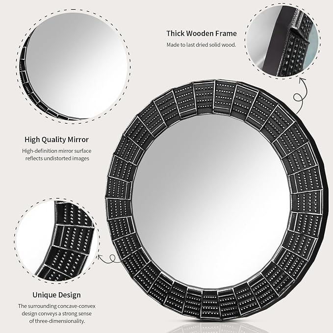 30 Inch Decorative Wall Mirror, Black Mirrors for Wall Decor, Round Wooden Wall Art Mirror, Large Wall Mirrors for Living Room,Bedroom, Bathroom, Entryway