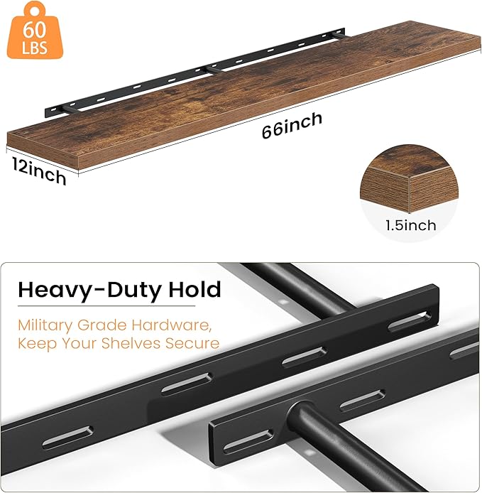Fun Memories 66 Inch Floating Shelves, 12 Inch Deep Wall Shelf for Fireplace Mantel, Rustic Brown Deep Storage Shelves for Home & Office, Long Floating Shelf with Invisible Bracket, Set of 2