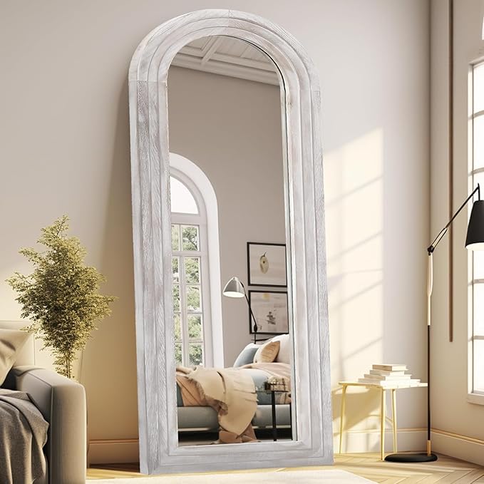 ZHUNFA Arched Full Length Mirror with Solid Wood Frame, 65x22 Farmhouse Wall Mirror Full Length with Stand, Vertical Hanging, Leaning Standing for Bedroom, Living Room, Rustic White