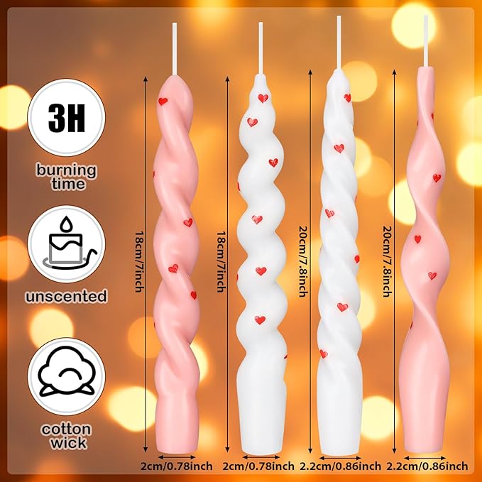 Nuanchu 4 Pcs Twisted Taper Candles Wax Unscented Smokeless Spiral Swirl Candlesticks for Wedding Holiday Dinner Party Home Decorations(7.87 Inch,Heart,Pink White)
