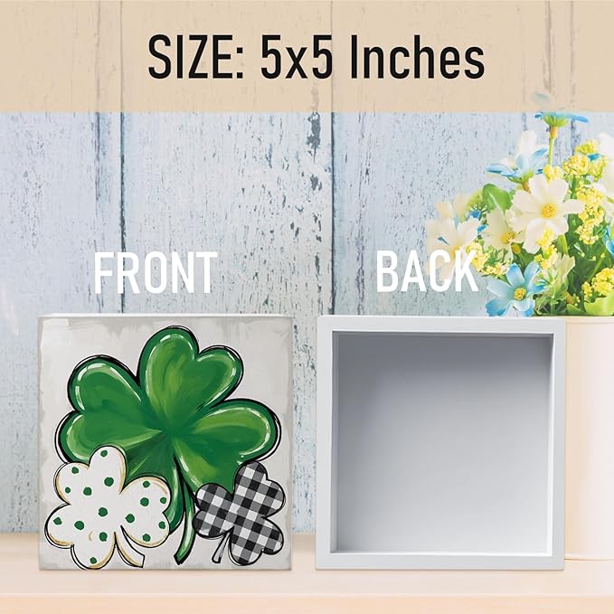 St. Patrick's Day Decorations, Irish Luck Shamrock Wooden Box Sign Desk Decor, St Patricks Day Decorations Party Table Decor 5x5