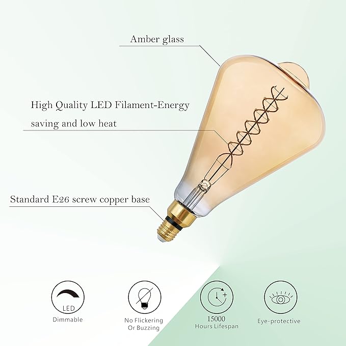 SD LUX Oversized Vintage Giant LED Light Bulb Huge Edison Bulb - Dimmable, 8W 450LM (50W Equi), Warm White 2200K, Medium E26 Base - Perfect for Decorative Pendant Lighting, 1 Pack(ST164)