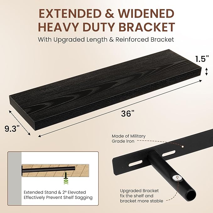 Dreamland 36 Inches Floating Shelves for Wall, 9.3" Deep Long Floating Shelves Set of 2, Large Display & Storage Shelf, Wall Shelf for Bathroom Bedroom Living Room Kitchen Office, Black