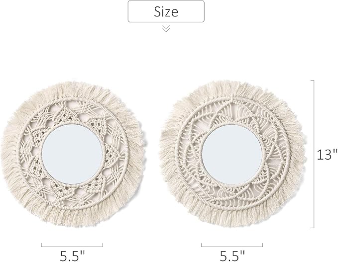 Mkono Hanging Wall Mirror with Macrame Fringe 2 Set Small Round Decoration Boho Antique Mirror for Apartment LivingRoom Bedroom Baby Nursery,Beautiful Gift Ideas