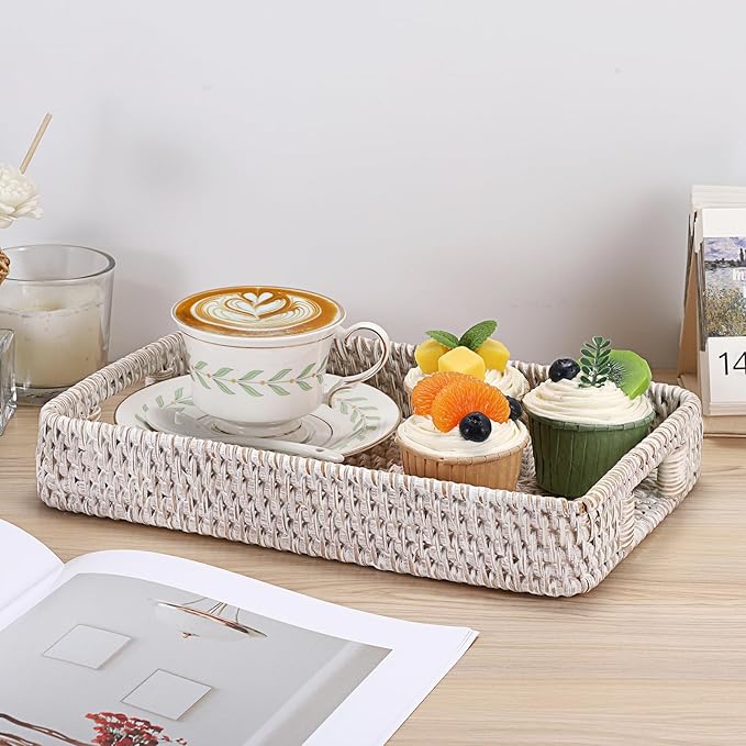 Hipiwe Hand Woven Tray with Handle Whitewash Rattan Serving Tray for Storage Rectangular Wicker Basket Tray for Key Remote Fruit Dessert Plate, 11.8 x 7.9 x2 Inch