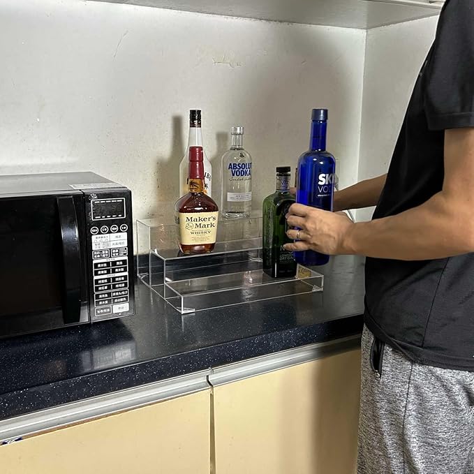 BARsics 3-Tiers Assembled Back Bar Bottle Rack Display, Clear Acrylic Stand Riser 15x6x12 inches