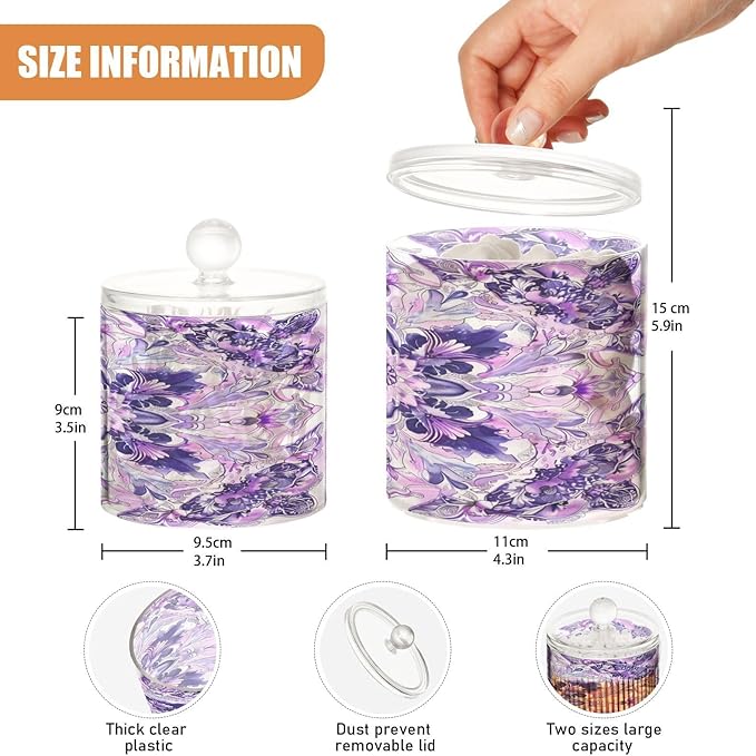 Boho Psychedelic Purple Floral Clear Plastic Makeup Organizer Storage with lid Office Essentials Decorative Dental floss storage jar for Cotton Swabs,Cotton Pads,Floss Picks,Paper Clips,Hair