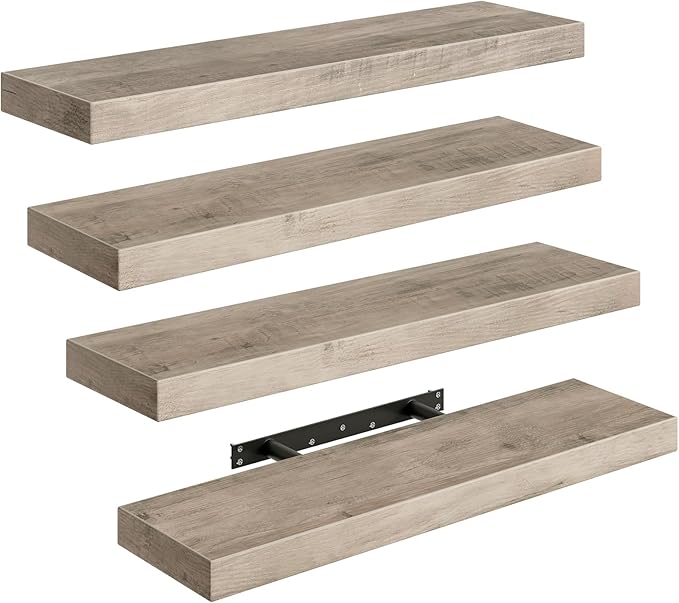 RALGEND Floating Shelves for Wall, 1.5" Thick Wall Shelf Set of 4 with Invisible Brackets, 23.6L x 7.9W Hanging Shelves Farmhouse Home Decor for Bathroom, Living Room, Bedroom, Greige 6301BJP4BG