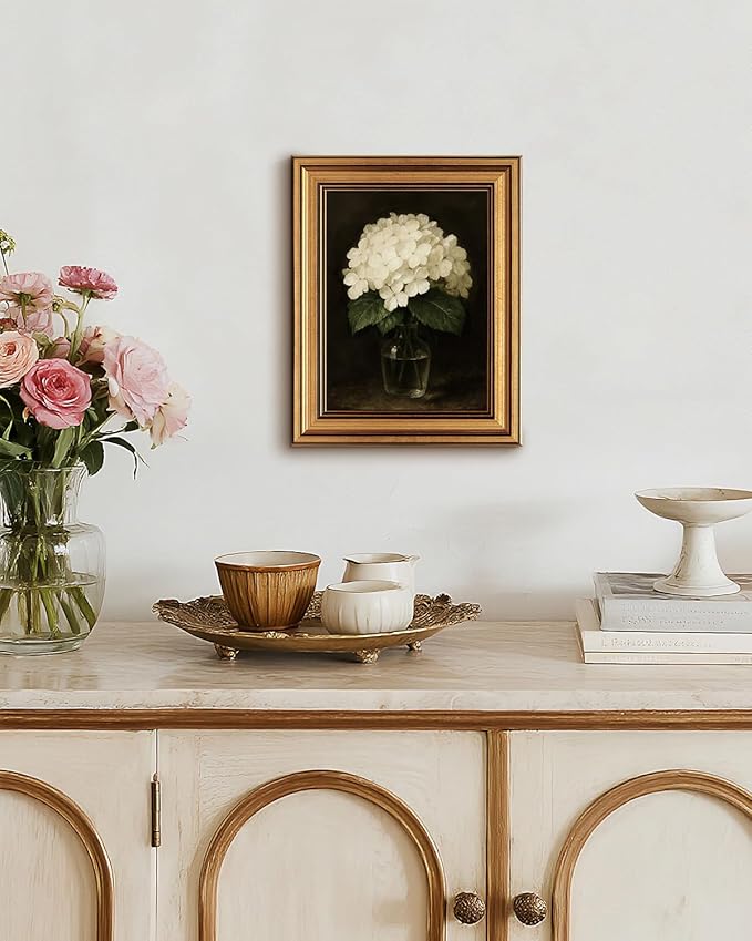 InSimSea Gold Framed Canvas Wall Art, Vintage Flower Wall Decor for Bathroom, Hydrangea Paintings Farmhouse Decor Aesthetic, Small Prints for Kitchen Bedroom Living Room Shelf Gift, 8x10inch