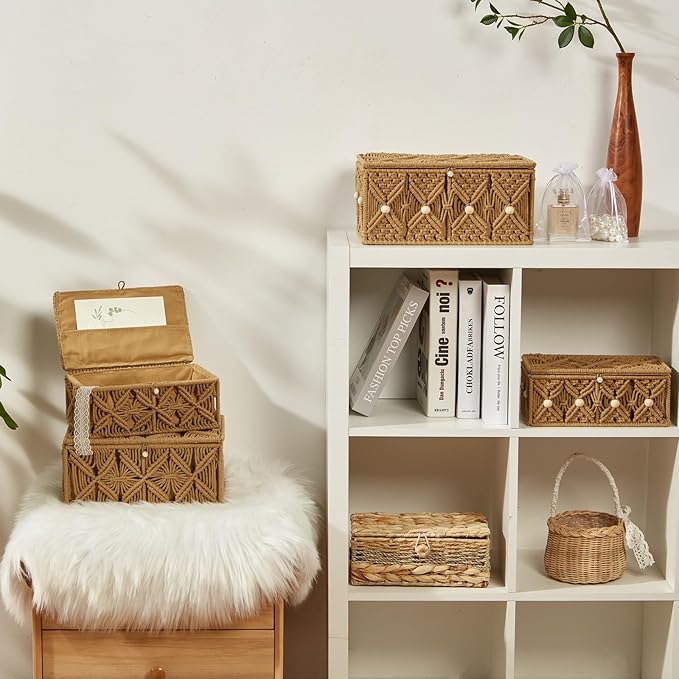 2PCS Decorative Boho Storage Baskets with Lid Bohemian Macrame Jewelry Box Handmade Natural Cotton Rope Woven Bins Memory Keepsake Photo Makeup Organizer Container (Khaki, 1 Large 1 Small)