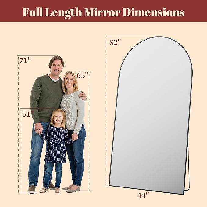 Suidia 82"x44" Arched Full Length Mirror with Stand, Full Body Mirror with Aluminum Frame, Freestanding/Leaning/Wall-Mounted, Floor Mirrors for Bedroom, Living Room, Entryway, Dressing Room, Black