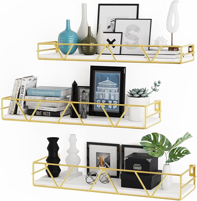 Amaoot Floating Shelves Set of 3, Home Wood Wall Shelf, Farmhouse Shelf for Bedroom, Wall Mounted Floating Shelf for Living Room, Bedroom, Bathroom, Kitchen, Office (Gold)