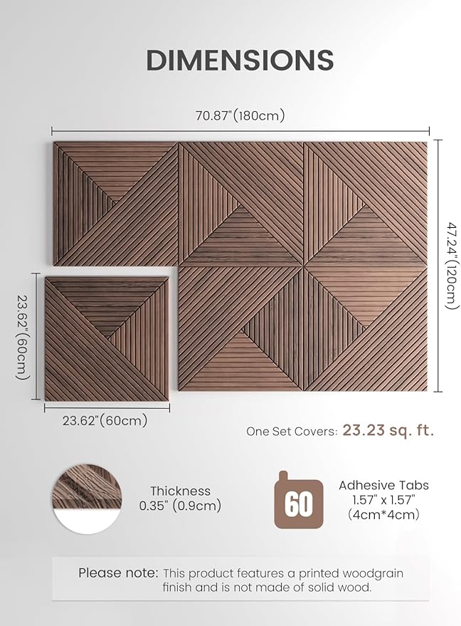 Fluxynara Large Felt Bulletin Board,Cork Board Alternative 70.87'' x 47.24'' Art Acoustical Wall Panels-6 Pack with 60 Adhesive Tabs,for Recording Studio/Home Offices-Walnut/Facet