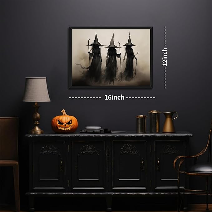 Framed Vintage Witch Canvas Wall Art - Halloween Witchy Wall Decor - Gothic Decor Aesthetics, Creepy Three Witches Rustic Macabre Dark Artwork Prints for Living Room Bedroom 12x16 inch