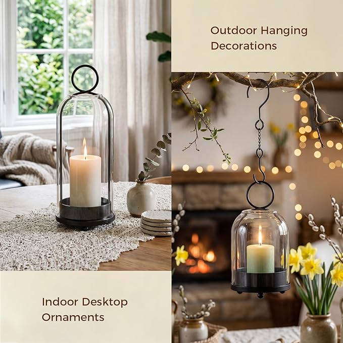 5"&4" Hurricane Glass Candle Holders, Hanging Black Metal Candle Holder for Pillar Candles Table Coffee Table Decor Interior Decoration