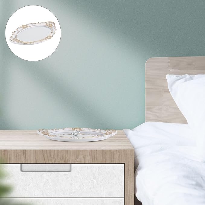 Artibetter Vintage European Style Mirror Tray Oval White Retro Cosmetic Perfume Storage Plate Decorative Makeup Organizer for Photography and Home Décor