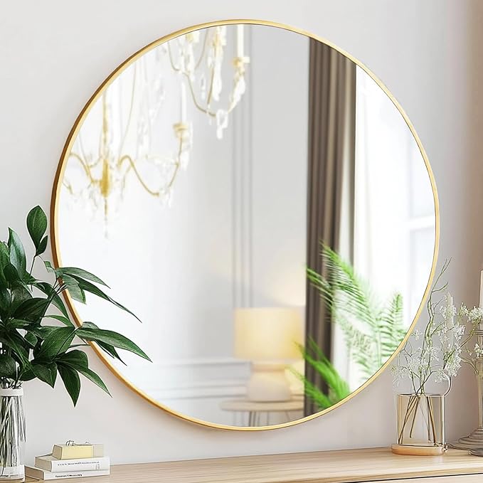 Sunniry Gold Circle Mirror, Round Mirror 20 inch, Gold Mirror Metal Frame, Round Wall Mirrors for Bathroom, Bedroom, Living Room, Entryway.