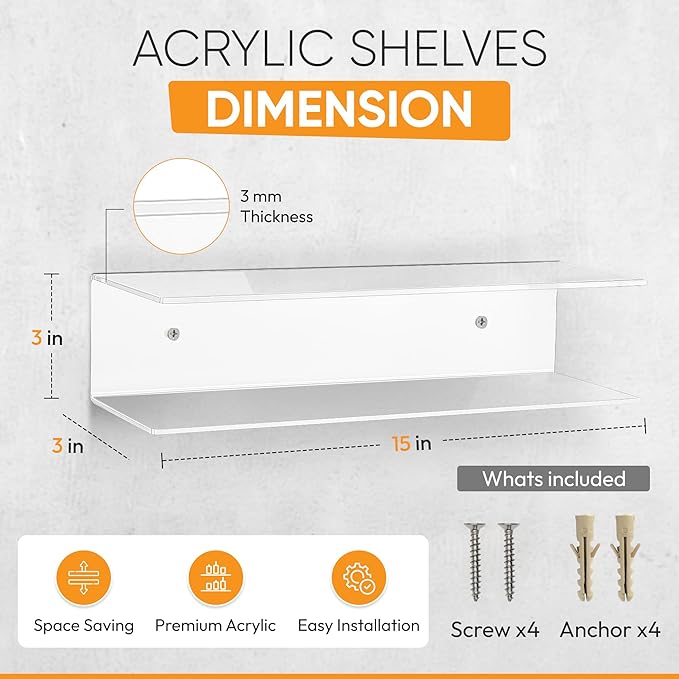 Clear Acrylic Floating Shelves - 2 Tier Wall Mounted Bathroom Organizer Set of 2 (15") - Space Saving Display Shelf for Makeup, Skincare, Kitchen Spices, & Home Decor