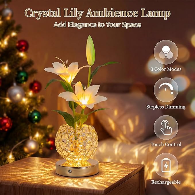 Stargazer Lily Flowers Table Lamp, Rechargeable Cordless Touch Crystal Lamp with 3 Color Modes, Easter Lily Night Light for Bedroom Kitchen Office Decor, Birthday Mothers Day Gifts for Women Mom