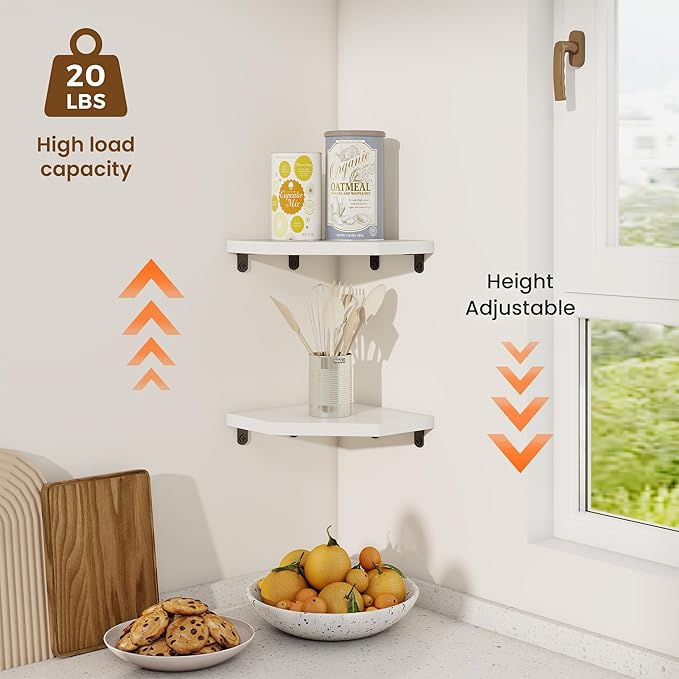 Fun Memories Corner Shelf Wall Mount, Solid Oak Wood Floating Corner Shelves with Cable Hole, 7in Rustic Design for Bedroom, Bathroom, Kitchen, Living Room (White, 1 Pack)