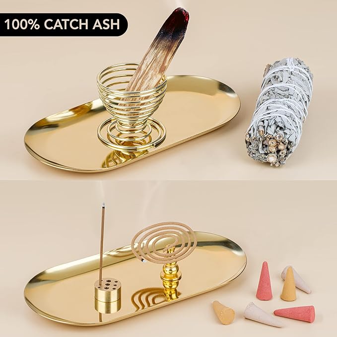 5 in 1 Incense Burner, Sage Holder, Copper Incense, Palo Santo Sticks Holder, 6.9 inches Alloy Cone Ash Catcher, Incense Coilfor Meditation Yoga Room