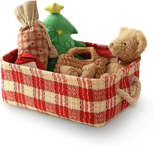 INough Christmas Basket Empty Christmas Baskets Holiday Gift Baskets Empty Cute Christmas Basket for Kids Collapsible Red Book Bin with Handles Farmhouse Storage Containers