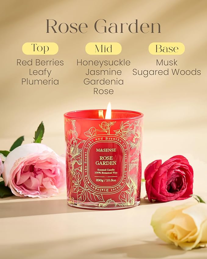M&SENSE Rose Garden Scented Candle, Toxin-Free Soy Wax Clean Burn, 55 Hours Long Burning 10.3oz, Romantic Stress Relief Aromatherapy Candles, Home Fragrance Decor Gifts for Women