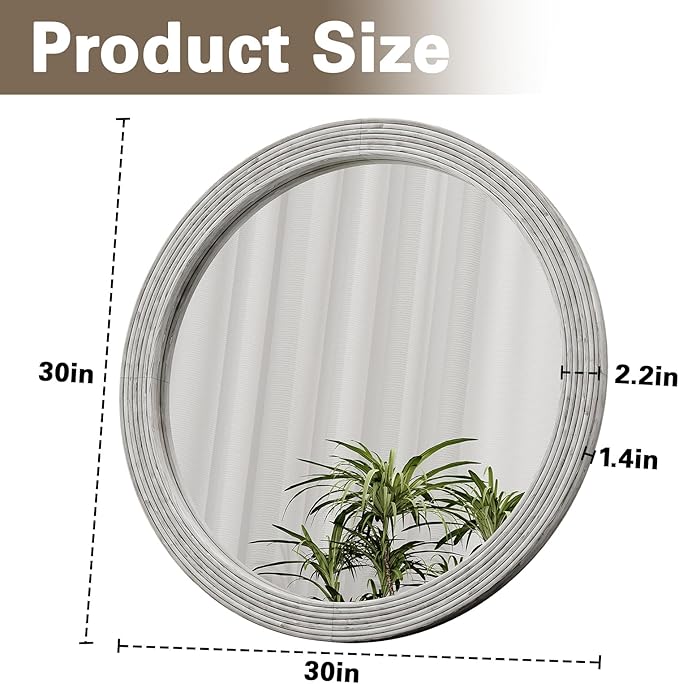 ULIKE Round Rustic Mirror for Bathroom, Farmhouse Mirror with Wood Frame, 30x30 Inch White Vanity Mirrors for Wall Decor of Bedroom or Living Room