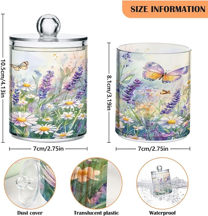 Nander 2Pack Beautiful Spring Wildflowers and Butterflies Qtip Holder Dispenser -Clear Plastic Apothecary Jars Set - Restroom Bathroom Makeup Organizers Containers for Cotton Swab, Ball, Pads, Floss