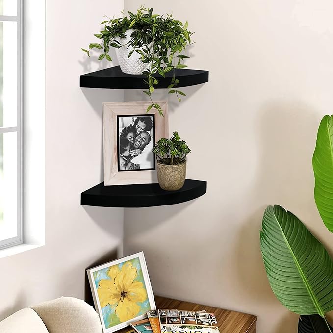 AHDECOR Black Corner Shelves, Modern Floating Corner Shelf for Space-Saving Storage in Bathroom, Bedroom, Kitchen, and More, Set of 2
