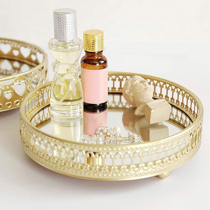 Gold Mirror Makeup Tray, Mirrored Vanity Tray Round Metal Vanity Counter Organizer for Bathroom Counter Home Decor