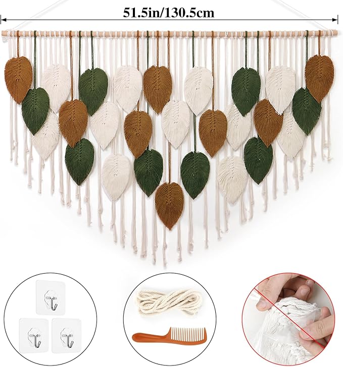 KHOYIME Large Macrame Wall Hanging Boho Woven Tapestry, Chic Home Decor Modern Bohemian Handmade Leaf Feather Wall Art Decorations for Apartment Living Room Bedroom Nursery Backdrop 51.5" W X 33.5" L