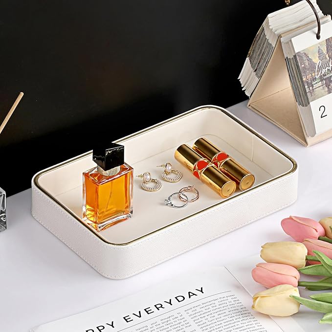 Hipiwe Decorative Perfume Tray PU Leather Valet Trays Bathroom Vanity Tray Catchall Trays Bedside Nightstand Organizer for Dresser Earrings Trinket Jewelry Holder, 9.5" x 6.1" x 1.5"