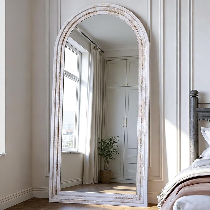CASSILANDO 71x32 Inch Arched Full Length Mirror with Solid Wood Frame Wall Mounted Floor Mirror, Vertical Hanging Leaning Standing Mirror for Living Room, Bedroom, Entryway, Rustic White