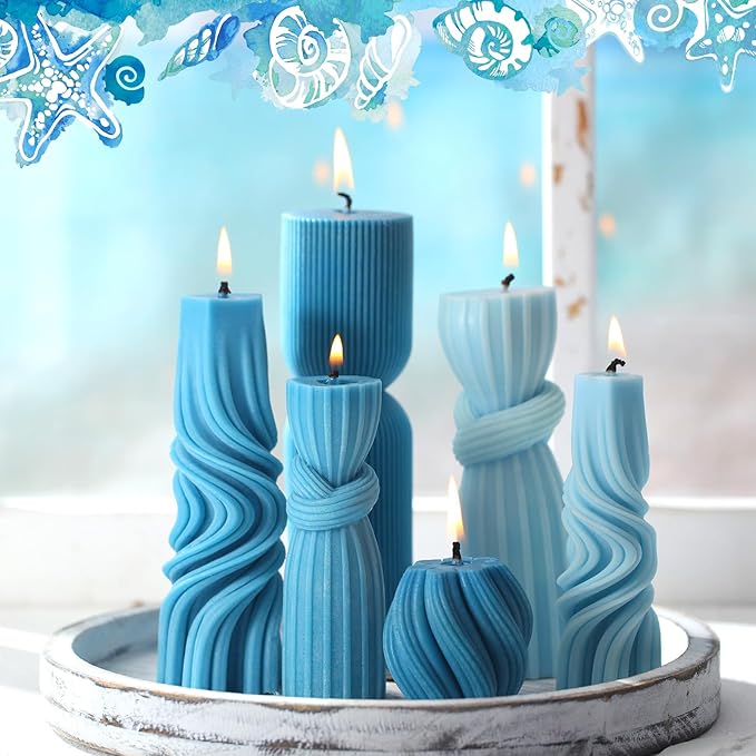 Threlaco 6 Pcs Pillar Candles Decorative Modern Aesthetic Ribbed Candle Set Cute Soy Wax Scented Ribbed Decor Commemorative Gift for Home Decoration(Blue,2.36-6.89 Inch)