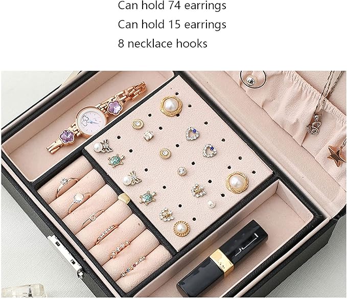 Jewelry storage box Makeup Organizers Jewelry Box,Jewelry Box for Women Large Leather Jewelry Organizer Two Layers with Lock Display for Earrings Bracelets Rings Watches Jewelry Case (B)