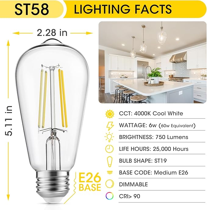 Gozelux Edison Light Bulbs 60W Equivalent, Dimmable Vintage LED Light Bulbs, E26 Medium Base, Cool White 4000K, ST58, 6W, 750LM, 90+ CRI, Antique Decorative Filament LED Bulb, Clear Glass, 8 Pack