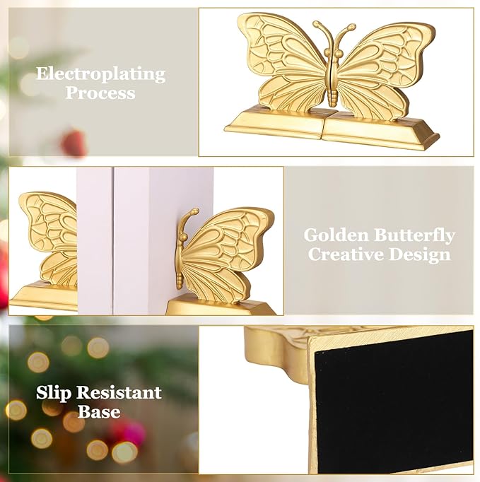 Kathfly Decorative Butterfly Bookends, Vintage Butterfly Book Ends, Resin Gold Bookends for Shelves, Heavy Duty Book Stopper for Desk Home Office, Shelf Decoration