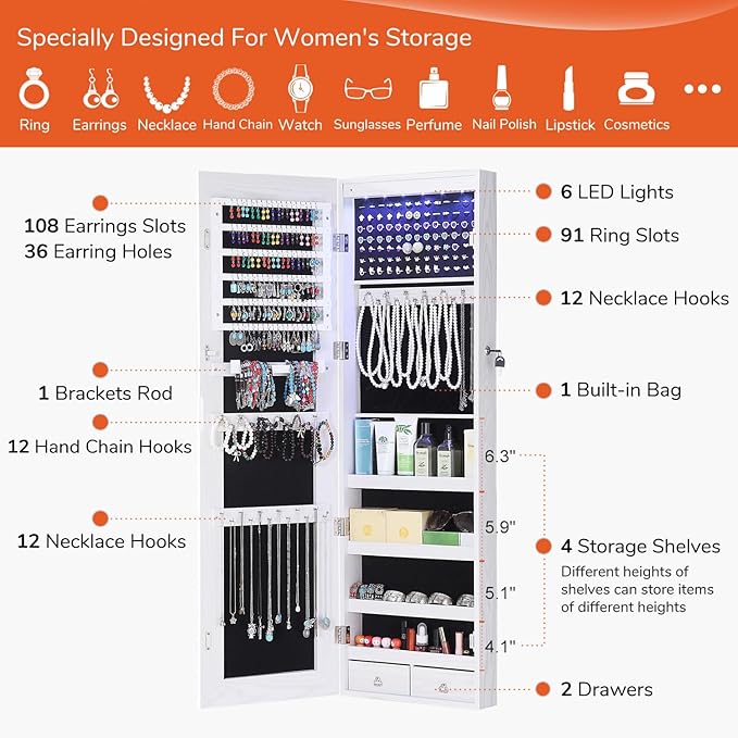 GISSAR Full Length Mirror Jewelry Cabinet, 6 LEDs Jewelry Armoire Wall Mounted Over The Door Hanging, Jewelry Organizer Storage with Lights Lockable White