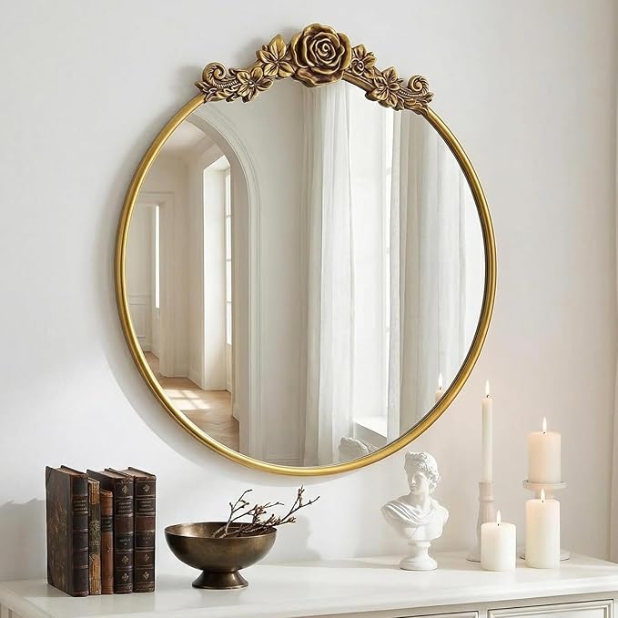 Vintage Baroque Round Wall Mirror 20" Circle Ornate Gold Mirror for Bathroom Antique Carved Frame Accent Mirror for Living Room Bedroom Entryway Vanity
