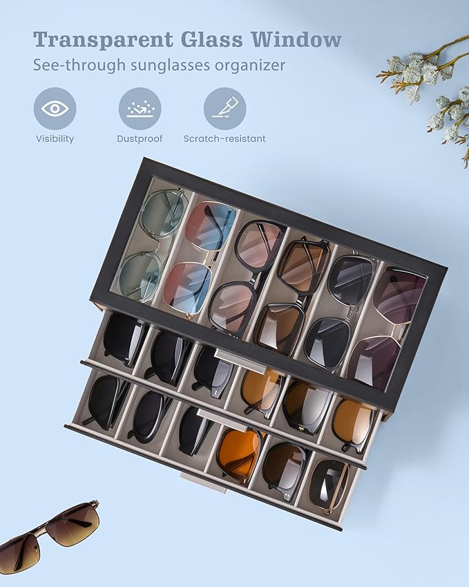 Lolalet Sunglasses Storage Box for Women, Eyewear Eye Glass Organizer with Clear Top Display Holder Case, Mothers Day Gifts