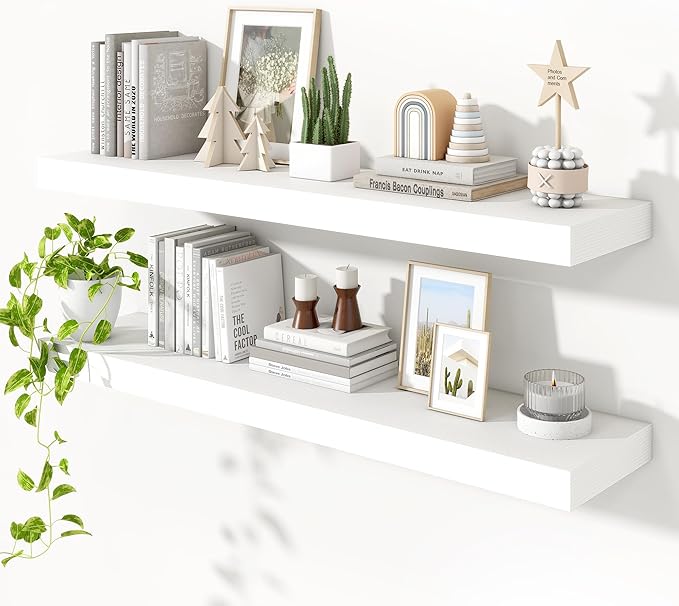 Heimlove Floating Shelves for Wall 48 Inch Long,Extra Large and Thick Wood Shelves Mounted Storage Hanging Shelf Invisible Bracket for Bedroom,Living Room,Kitchen,Office,Set of 2,White