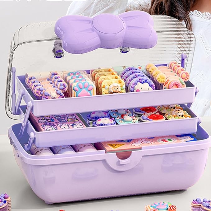 Hair Accessories Organizer for Girls, 3-Layers Foldable Hair Clip Organizer Box with Handle, Multifunctional Storage Box for Headband, Bows, Hairties, Jewelry, Sewing Supplies, Makeup Tool, Craft