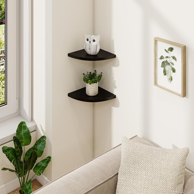 Fun Memories Corner Shelf Wall Mount, Solid Oak Wood Floating Corner Shelves with Cable Hole, 7in Rustic Design for Bedroom, Bathroom, Kitchen, Living Room (Black, 1 Pack)