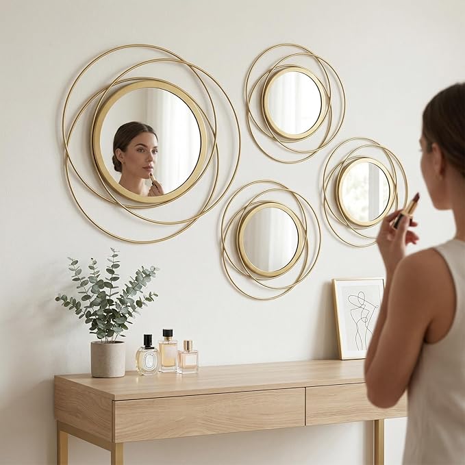 4 Piece Gold Round Wall Mirror Set Modern Metal Circle Home Decor for Living Room Bedroom Entryway 11/9 Inch Decorative Mirrors Minimalist Wall Art for Home