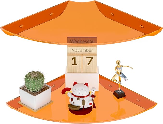 Sezanrpt 9.5x9.5 Inch Acrylic Corner Floating Shelf Set of 2, Orange Corner Wall Shelf for Home Décor, Speakers, Security Cameras, Toileries, Plants, Figures, Cosmetics, Books