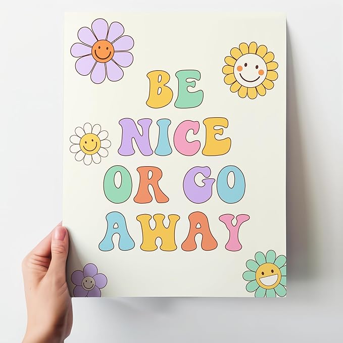 Retro 70s Wall Art 11x14 - Groovy Flower Smiley Face Poster with Positive Quote - Teen Girls Bedroom Decor - Colorful Hippie Room Decoration - Vintage Style Print for Girly Bedroom - Unframed